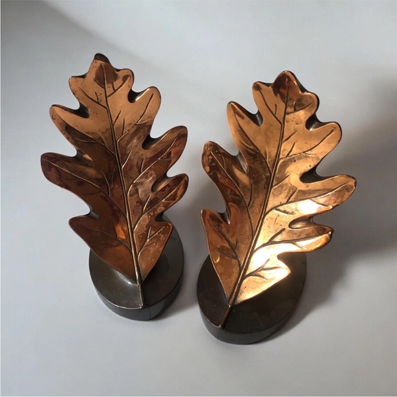 Vintage 50s Oak Leaf Copper Tone Cast Metal Bookends MCM Library Office